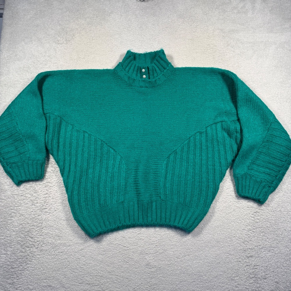 Vintage Edge Button Mock Neck Knit Sweater Womens‎ Small Teal Green 80s Retro